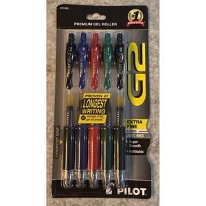 Pilot G2 Gel Roller Ball Pens 0.5mm Extra Fine Red Green Blue Black Inks 5 Pk